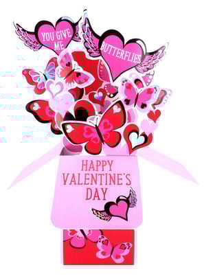 a happy valentine 's day card with butterflies and hearts