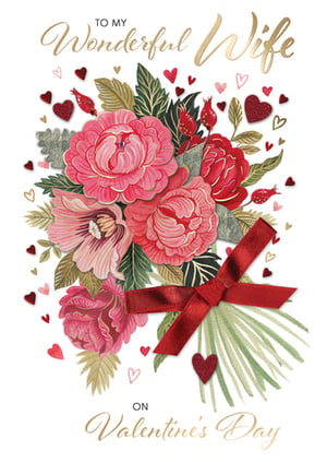 a valentine 's day card for a wonderful wife with a bouquet of flowers and hearts .