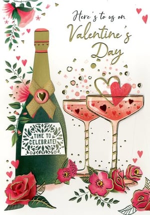 a valentine 's day card with a bottle of champagne and two champagne glasses .