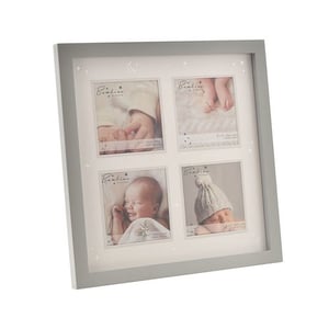 a picture frame with four pictures of a baby in it .