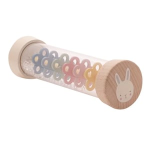 a wooden rattle with a bunny on it