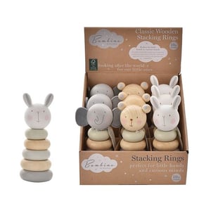 a box of classic wooden stacking rings with animals on them