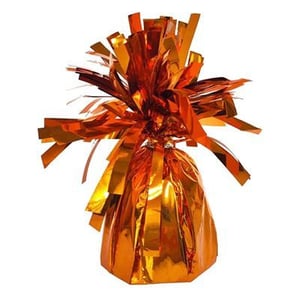 a balloon weight wrapped in orange foil on a white background .