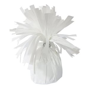 a white balloon weight wrapped in white paper with fringe .