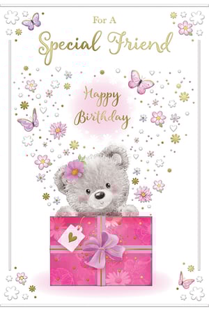 a birthday card for a special friend with a teddy bear in a pink gift box