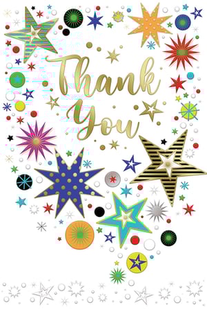 a thank you card with colorful stars and circles