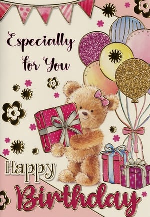 a birthday card with a teddy bear holding gifts and balloons