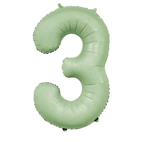 a green balloon in the shape of the number three