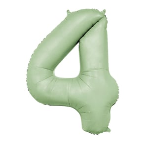 a green balloon in the shape of the number four