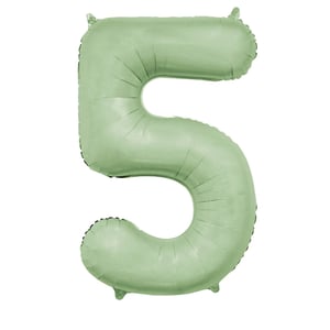 a green balloon in the shape of the number 5