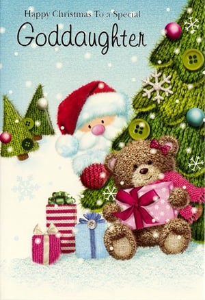 a christmas card that says happy christmas to a special goddaughter