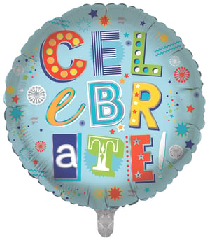 Get ready to party with our fantastic 18" Celebrate foil balloon from Sensations! This eye-catching round balloon features a vibrant light blue background adorned with a playful mix of stars, confetti, and squiggles. The word "CELEBRATE!" takes centre stage, spelled out in a delightful array of colourful, mismatched fonts and patterns – from dotted orange to striped blue and starry yellow. It's designed to bring instant cheer to any occasion! Perfect for birthdays, anniversaries, graduations, or just because, this durable foil balloon is sure to make a statement. Supplied individually, it's easy to stock up for all your customers' celebratory needs. A truly joyful addition to any party décor!