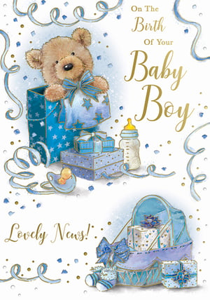 Celebrate the arrival of a precious little one with our delightful Birth Congrats Boy card from Xpress Yourself. This charming design features an adorable teddy bear peeking from a starry blue gift box, surrounded by beautifully wrapped presents, a baby bottle, and a dummy. The sweet scene is completed with a cosy Moses basket filled with more gifts and tiny booties, all adorned with elegant blue ribbons and golden accents. With the heartwarming message "On The Birth Of Your Baby Boy" and "Lovely News!", this card is the perfect way to share in the joy. Each pack contains 6 cards, ready to bring smiles to new parents.