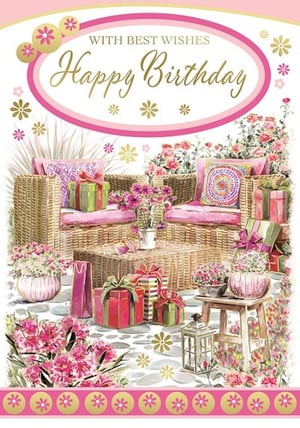 a happy birthday card with a wicker couch and gifts