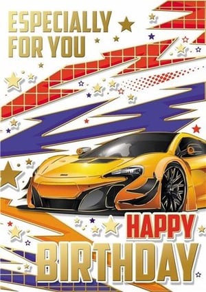 a birthday card with a yellow sports car on it .