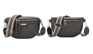 a black waist bag with a brown strap and a black purse with a brown strap .