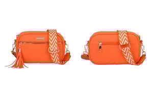 an orange purse with a white strap and tassel