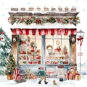 Bring the enchanting spirit of a festive Christmas village to your table with our delightful 20 Pack 3 Ply Christmas Boutique Lunch Napkins. Inspired by a charming snowy scene, these luxurious 3-ply napkins feature a beautifully illustrated storefront adorned with garlands, presents, and cheerful children. Each pack contains 20 soft and absorbent napkins, perfect for adding a touch of whimsical elegance to your holiday lunches, family gatherings, or special Christmas teas. Their vibrant design captures the magic and warmth of the season, making every meal a celebration. Elevate your festive decor with these truly special napkins.