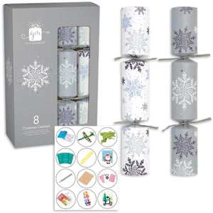 a box of 8 christmas crackers with snowflakes on them