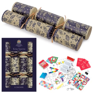 Elevate your festive celebrations with our exquisite 8 x 12.5" Foliage Family Crackers by Tom Smith. This single pack of eight beautifully crafted crackers features a charming natural design, adorned with delicate pinecones and winter foliage against a rustic kraft-style background, finished with elegant dark blue ends and natural twine.

Inside each cracker, discover delightful family-friendly surprises! From mini colouring sheets and crayons to fun games like Christmas Snap and trivia cards, plus the essential paper hats, these crackers promise laughter and entertainment for all ages. Perfect for creating unforgettable Christmas memories around the table. Supplied by Design Group.