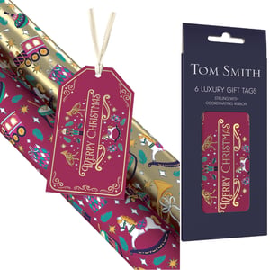 Elevate your Christmas gifting with these charming 6 Toy Box Tags from Tom Smith. Each luxury tag features a delightful festive design, showcasing classic Christmas toys like elegant rocking horses, brave nutcrackers, and playful trains, all set against a rich magenta background with intricate gold detailing. The heartfelt 'MERRY CHRISTMAS' message is beautifully presented, adding a traditional touch to your presents. Pre-strung with a coordinating cream ribbon, these tags are ready to effortlessly adorn your gifts. They perfectly complement festive wrapping paper, ensuring every present under the tree is truly special.
