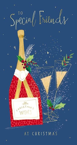 Make this Christmas extra special for your customers' friends with our exquisite 'Friends' Christmas card, from the renowned Great British Card Company. This festive design captures the spirit of celebration, featuring a beautifully illustrated champagne bottle and two elegant flutes, all sparkling against a rich blue backdrop.
Adorned with classic holly and berries, the card's golden script conveys a warm message: 'TO Special Friends AT CHRISTMAS', with 'CHRISTMAS WISHES' gracing the bottle's label. It's the perfect card to send heartfelt greetings and share festive cheer. Stock up on these delightful cards, available in a convenient pack size of 1x6, and help your customers celebrate their cherished friendships this holiday season.
