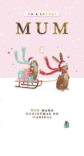 Make Mum's Christmas truly magical with this enchanting card from the Great British Card Company. Featuring two adorable bunnies, dressed in festive Santa hats and flowing scarves, one pulls a sleigh laden with colourful gifts through a snowy scene.
The heartfelt message "TO A LOVELY MUM, YOU MAKE CHRISTMAS SO MAGICAL" is beautifully presented, making it the perfect way to show appreciation during the festive season. With its charming illustration and warm sentiment, this card is sure to bring a smile to any Mum's face.
Available in a convenient pack of 6, it's an ideal addition to your Christmas card selection.