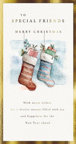Share the festive spirit with your nearest and dearest this Christmas with our delightful 'Friends' Christmas cards. Featuring a charming watercolour illustration of two beautifully decorated stockings, overflowing with gifts and festive foliage, this card captures the warmth and joy of the season. The elegant design is complemented by a heartfelt message: 'To Special Friends, Merry Christmas, With warm wishes for a festive season filled with joy and happiness for the New Year ahead.' Crafted with care by the Great British Card Company, these cards are perfect for sending your warmest greetings. Available in convenient packs of 6, ensuring you have plenty for all your cherished friends.
