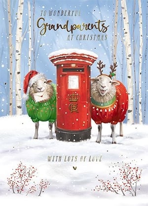 Send warm festive wishes to wonderful grandparents this Christmas with this utterly charming card from the Great British Card Company.

Featuring two adorable sheep, one in a Santa hat holding a letter and the other sporting festive reindeer antlers, they stand beside a classic snow-dusted British post box. The snowy birch tree backdrop adds to the magical winter feel, creating a truly heartwarming scene. With its sweet message and delightful illustration, this card is perfect for showing appreciation to beloved grandparents during the holiday season.

Each pack contains 6 of these lovely 'Grandparents' cards, ready to bring smiles to your customers' families.