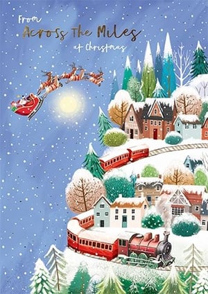 Capture the magic of the festive season with our delightful 'Across The Miles' Christmas card, brought to you by the Great British Card Company. This enchanting design features Santa and his reindeer soaring through a moonlit, snowy sky, delivering joy to a charming, snow-covered village below. A festive red train winds its way through the picturesque landscape, past cosy homes and frosted trees, evoking a sense of nostalgic wonder. Perfect for sending heartfelt greetings to loved ones near and far, this beautiful card truly embodies the spirit of Christmas connection. Available in a convenient pack of 1x6, it's an ideal choice for your holiday collection.
