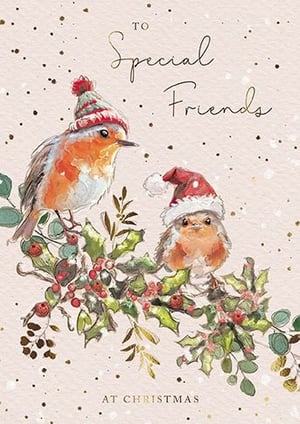 Introduce a touch of festive charm to your Christmas card selection with our 'Friends' design, proudly brought to you by the Great British Card Company. This lovely card showcases two endearing robins, one in a striped bobble hat and the other in a classic Santa hat, nestled on a branch adorned with holly and berries. The watercolour illustration style adds a warm, traditional feel. Featuring the thoughtful message "TO Special Friends AT CHRISTMAS", it's a wonderful choice for customers looking to send heartfelt greetings. Supplied in a convenient pack of 1x6, these cards are ready to brighten up your shelves this holiday season.