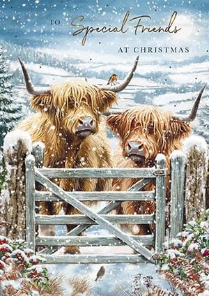 Send warm festive wishes to your nearest and dearest with our delightful 'Friends' Christmas card. This charming design features two iconic Highland cows, their shaggy coats dusted with snow, peeking over a rustic wooden gate. A friendly robin perches on a horn, adding a touch of classic Christmas cheer to the beautiful snowy landscape.
Perfect for those who appreciate rustic charm and heartwarming sentiment, this card truly captures the spirit of the season. The message 'To Special Friends At Christmas' makes it ideal for sharing joy with loved ones. Available in a convenient pack of 6.