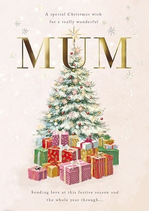 Celebrate Mum this Christmas with this truly wonderful card from the Great British Card Company. Featuring elegant gold foil lettering for 'MUM' against a sparkling, festive background, this design is sure to stand out. A beautifully decorated Christmas tree, adorned with stars and baubles, is surrounded by a delightful array of colourful presents, creating a warm and inviting scene. The heartfelt message, "A special Christmas wish for a really wonderful Mum" and "Sending love at this festive season and the whole year through...", perfectly captures the spirit of the season. Stock up on this popular design with our convenient 1x6 pack size, ensuring your customers can share their love with their amazing Mums.