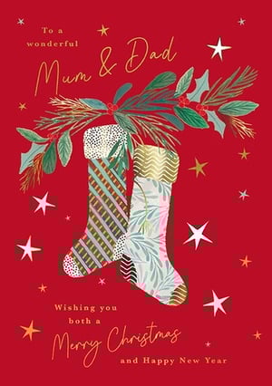 Send warm festive wishes to wonderful parents with this charming Mum & Dad Christmas card. Featuring a vibrant red background, the delightful design showcases two beautifully patterned Christmas stockings, adorned with lush green foliage including mistletoe, holly, and pine sprigs, all twinkling with golden and white stars.

The heartfelt message 'To a wonderful Mum & Dad' is elegantly scripted at the top, followed by 'Wishing you both a Merry Christmas and Happy New Year' at the bottom. This card offers a perfect blend of traditional festive cheer and contemporary design.

Supplied by the Great British Card Company, each pack contains 6 of these lovely cards, making them an ideal addition to your seasonal greeting card collection. Help your customers celebrate their parents this Christmas with this truly special design.
