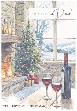 Celebrate Dad this Christmas with this truly special card from the Great British Card Company. This beautiful watercolour illustration perfectly captures the warmth and joy of the festive season. The scene features a cozy fireplace adorned with candles, a beautifully decorated Christmas tree, and a serene snowy landscape visible through a window. Two glasses of red wine and a bottle complete the inviting atmosphere. With the heartfelt message "TO A SPECIAL Dad" and "WITH LOVE AT CHRISTMAS", it's the perfect way to show your appreciation. Available in a convenient pack of 6, these cards are an ideal addition to your festive collection.