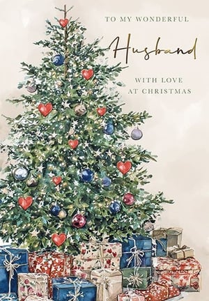 Celebrate the magic of Christmas with this truly special card, designed to convey heartfelt affection to a wonderful husband. From the Great British Card Company, this beautiful design features a lovingly decorated Christmas tree, adorned with charming red heart ornaments, classic baubles, and twinkling lights. A delightful pile of presents at its base adds to the festive cheer.
The elegant message, "TO MY WONDERFUL Husband WITH LOVE AT CHRISTMAS", is beautifully presented, making it the perfect way to express warmth and devotion during the holiday season. Crafted with a warm, watercolour-inspired style, this card offers a touch of traditional charm and contemporary elegance. Available in a convenient pack of 6, it's an ideal addition to your festive card selection, ready to bring joy to your customers.