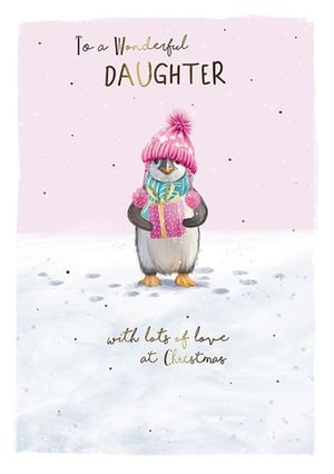 Send a truly wonderful Christmas wish to your daughter with this adorable card! Featuring a charming penguin, all bundled up in a cosy pink bobble hat and striped scarf, ready to deliver a special gift. Standing in a snowy wonderland, this sweet design captures the magic of the season perfectly.

The heartfelt message, 'To a Wonderful Daughter, with lots of love at Christmas,' is beautifully presented in shimmering gold lettering, adding an extra touch of festive sparkle. It's the perfect way to show your daughter how much she means to you during the most wonderful time of the year. A delightful card that's sure to bring a smile.