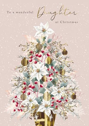 Show your customers how to celebrate their wonderful daughters this Christmas with this exquisite card from the Great British Card Company. This elegant design features a beautifully illustrated festive tree, adorned with delicate white poinsettias, vibrant red berries, and shimmering gold baubles, all set against a soft, snow-dusted pink background. The heartfelt message, "To a wonderful Daughter at Christmas," is presented in a charming gold script, making it a truly special choice. Stock up with this lovely card, available in a convenient pack size of 1x6.