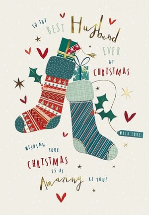 Make his Christmas truly special with this delightful 'Husband' Christmas card from the Great British Card Company. This charming design features two festive stockings, one adorned with a classic red pattern and the other with stylish teal stripes, both brimming with beautifully wrapped gifts, holly, and twinkling stars. The warm message, 'To the Best Husband Ever at Christmas,' is elegantly highlighted with shimmering gold foil, complementing the heartfelt wish: 'Wishing your Christmas is as Amazing as you!' It's the perfect way to express your love and appreciation during the festive season. Supplied in a convenient pack of 6.