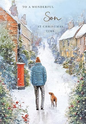 Capture the magic of a winter wonderland with our 'Son' Christmas card from the Great British Card Company. This beautifully illustrated card features a heartwarming snowy village scene, complete with quaint cottages, a traditional red post box, and a festive atmosphere. A lone figure and his loyal dog walk through the snow, evoking a sense of peaceful Christmas charm. The elegant message 'To a Wonderful Son at Christmas Time' makes this the perfect choice for celebrating a special son. Crafted with care, these cards are supplied in a convenient pack of 6, ready to bring joy to your customers this festive season.