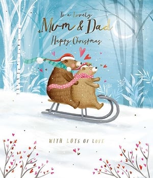 Send warm festive wishes to Mum & Dad with this utterly charming Christmas card! Featuring two adorable bears, snuggled together in their hats and scarves, enjoying a joyful sled ride through a snowy, moonlit forest. Little hearts flutter around them, adding an extra touch of love to the scene.

The message 'To a Lovely Mum & Dad Happy Christmas' is beautifully presented, finished with 'With Lots of Love' at the bottom. This heartwarming design, from the Great British Card Company, is perfect for showing appreciation to parents during the holiday season. Each pack contains 6 cards, ready to delight your customers.