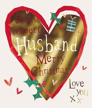 Help your customers celebrate their wonderful husband this Christmas with this heartfelt card from the Great British Card Company. Featuring a beautiful golden heart design, this card is adorned with festive holly, berries, and a charming little gift, all outlined in a warm red. The prominent message 'To my wonderful Husband Merry Christmas' is complemented by a loving 'Love you Xx', making it the perfect way to express affection during the festive season. Crafted with care, its rich textures and warm colours evoke a truly special feeling. Ideal for retailers looking to offer high-quality, sentimental Christmas cards. Available in a convenient pack of 6.