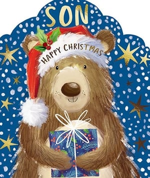 This lovely Christmas card, titled 'Son', is perfect for wishing a special son a Happy Christmas. From the Great British Card Company, it features an adorable brown bear wearing a classic Santa hat, complete with holly and berries, and the greeting 'Happy Christmas'. The bear holds a beautifully wrapped present, set against a festive blue background with golden stars. This heartwarming design offers a thoughtful way to send festive cheer. Available in a wholesale pack of 1x6, these cards are a wonderful addition to your seasonal range.