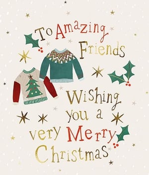 Share the warmth and joy of the season with our 'Friends' Christmas card, a delightful design from the Great British Card Company. This charming card features two wonderfully festive 'ugly' sweaters, adorned with a Christmas tree and classic fair isle patterns, surrounded by sparkling gold stars and traditional holly. The heartfelt message, 'To Amazing Friends Wishing you a very Merry Christmas', is beautifully rendered in a playful, hand-drawn style, making it the perfect way to send seasonal greetings to those who mean the most. Each pack contains 6 of these lovely cards, ready to bring smiles this holiday.
