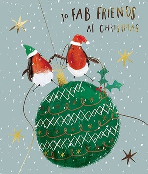 Celebrate friendship this festive season with our delightful 'Friends' Christmas cards from the Great British Card Company. This charming design features two adorable robins, one in a festive green hat and the other in a classic Santa hat, playfully balancing on a beautifully decorated green Christmas bauble. Adorned with sparkling gold stars, delicate snowflakes, and traditional holly, this card perfectly captures the joy of the season. The heartfelt message 'TO FAB FRIENDS AT CHRISTMAS' makes it ideal for sending warm wishes to those special people. Each pack contains 6 cards, ensuring you have plenty to share. A truly lovely way to spread Christmas cheer!