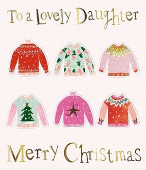 Make her Christmas extra special with our delightful 'Daughter' Christmas card, brought to you by the Great British Card Company. This charming design features a collection of six wonderfully festive and colourful Christmas jumpers, each with its own unique pattern, from classic fair isle to playful Christmas trees and stars. The heartfelt message 'To a Lovely Daughter' and 'Merry Christmas' shines beautifully with a luxurious gold foil finish, adding a touch of sparkle to the season. Perfect for retailers looking to offer a warm and stylish card for daughters this Christmas. Each pack contains 6 cards, ready to bring joy to your customers.