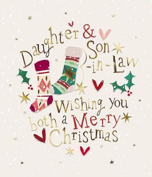 Offer your customers a truly special way to send festive wishes with this delightful Daughter & Son In Law Christmas card from the Great British Card Company. Adorned with charming Christmas stockings, shimmering gold accents, and classic holly, this card beautifully conveys the message "Wishing You both a Merry Christmas". The elegant design and warm colours make it an ideal choice for celebrating a beloved couple. Crafted with care, these high-quality cards are supplied in a convenient pack of 6, ensuring you're well-stocked for the holiday season. A lovely addition to any Christmas card display.