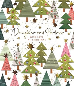 Offer your customers the perfect festive greeting for a special couple with this beautiful "Daughter & Partner" Christmas card from the Great British Card Company. This charming design features a delightful forest of Christmas trees, adorned with shimmering gold stars and colourful baubles, set against a backdrop of festive gold and black speckles. The elegant gold script conveys a heartfelt message: "Daughter and Partner WITH LOVE AT CHRISTMAS". With its warm colours and intricate details, this card is sure to be a popular choice for those celebrating loved ones during the holiday season. Supplied in a convenient pack size of 1x6, it's an essential addition to your Christmas card range.