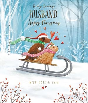 Celebrate your husband this Christmas with this utterly charming card from the Great British Card Company. Adorned with two delightful dogs, snuggled together on a festive sled, complete with Santa hats and cosy scarves, it perfectly captures the warmth of the season. The enchanting snowy backdrop, illuminated by a crescent moon and scattered with loving hearts, creates a truly heartfelt message. This beautiful card is ideal for expressing affection and festive cheer. Available in a convenient pack of 6, it's a wonderful addition to your Christmas card selection.