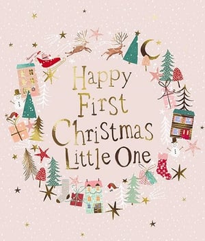 Make a baby's first Christmas truly special with our delightful 'Baby First Xmas' card. This charming design features a whimsical wreath of festive illustrations, including Santa, reindeer, cosy houses, twinkling stars, and adorable snowmen, all set against a soft pink background with delicate snowfall. The heartfelt message 'Happy First Christmas Little One' is beautifully rendered in shimmering gold and warm brown tones. Perfect for new parents and families, this card offers a truly memorable way to celebrate such a precious milestone. Stock up with our convenient 1x6 pack size. Proudly supplied by the Great British Card Company, ensuring quality and charm for your customers.